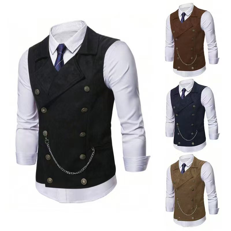Men's Double Breasted Vest wit - Formal Waistcoat Vest ulasan dan harga